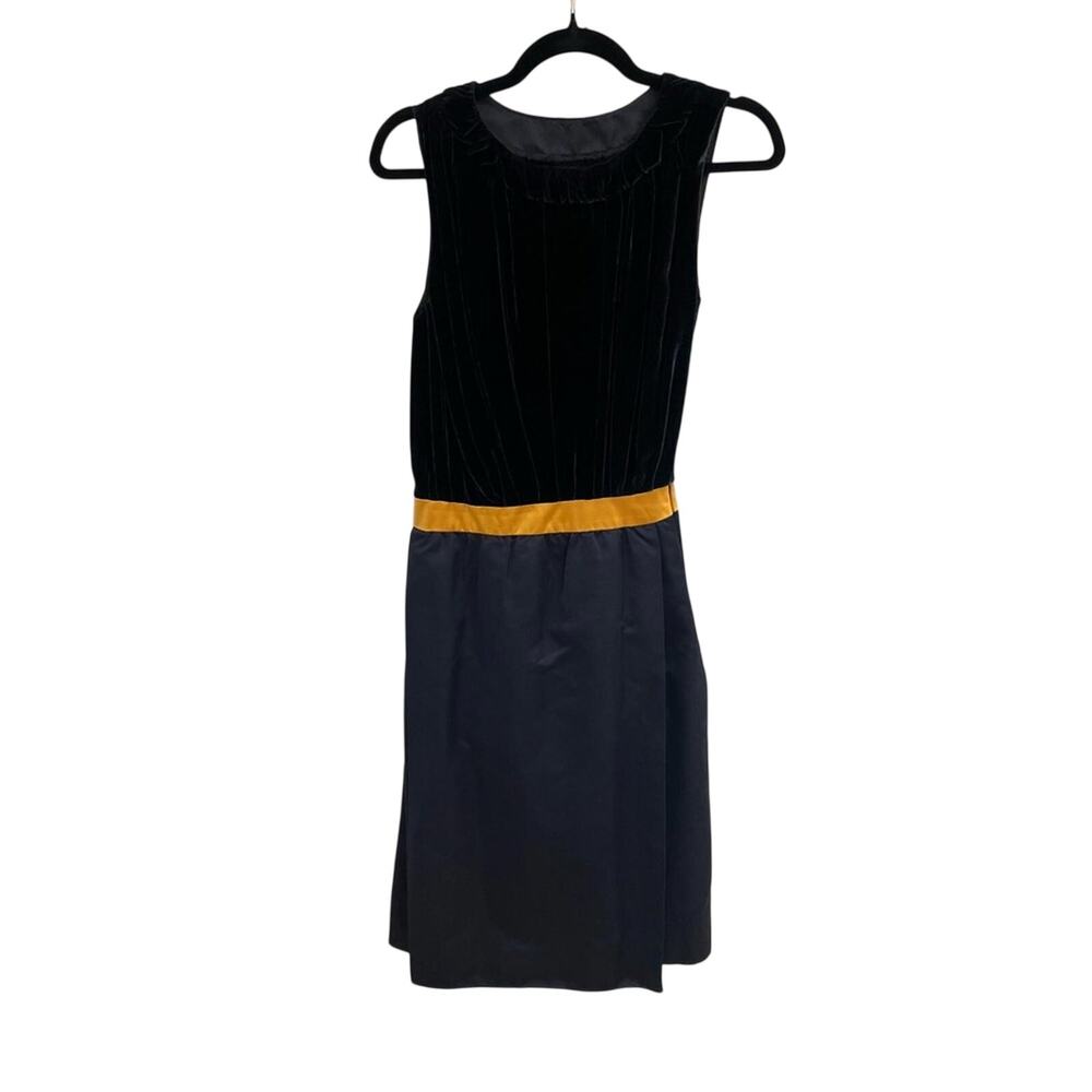 Michon Schur Blue Velvet Satin Faux Wrap Mini Dress Size 34 Gold Ribbon